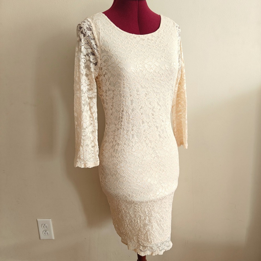 Forever 21 Mini Bodycon Dress Lace Scalloped Cream Ivory Long Sleeve Zipper Sz M